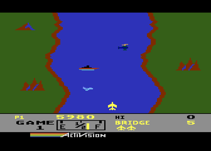 River Raid Atari 8-bit Screenshot: Don't crash into enemy planes.