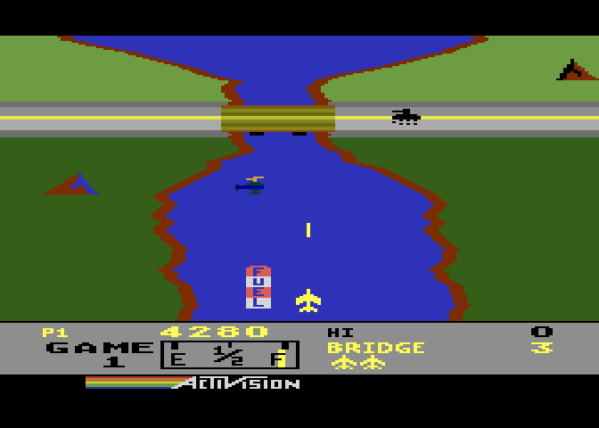 River Raid Atari 8-bit Screenshot: Shoot the bridge to get to the next level.