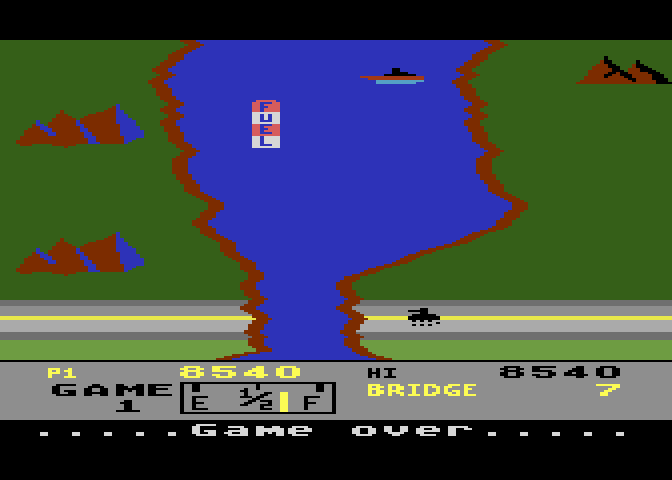 River Raid Atari 8-bit Screenshot: Game over.