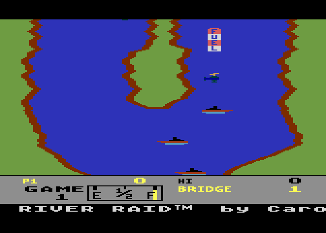 River Raid Atari 8-bit Screenshot: Title screen and game demo mode.