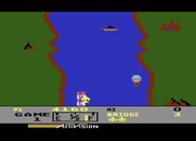 River Raid for Atari 8-bit - Fly over the fuel depots to replenish your plane's fuel supply.