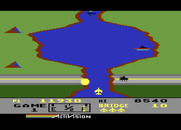 River Raid for Atari 8-bit - In some areas tanks attack while you try to navigate past a bridge.