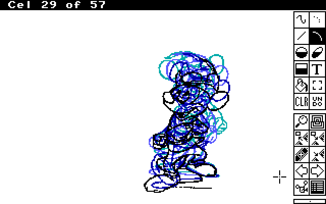 The Animation Studio IBM PC/Compatibles Screenshot: An included animation of Mickey; different colors show previous cells.