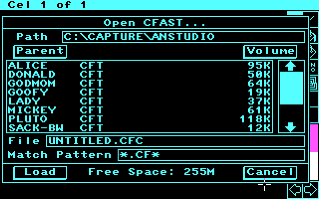 The Animation Studio IBM PC/Compatibles Screenshot: Loading a saved file.