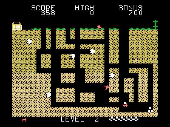 Anteater TI-99/4A Screenshot: The ant can move faster in open space versus the dirt.