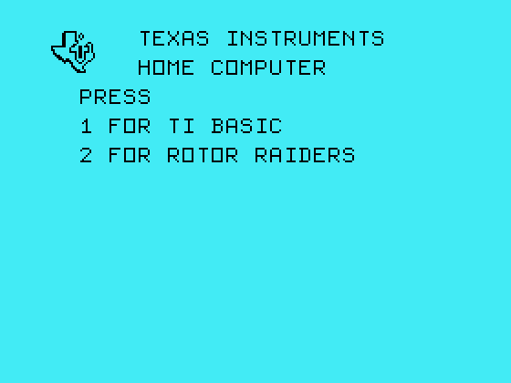 Rotor Raiders TI-99/4A Screenshot: TI-99/4A main menu.