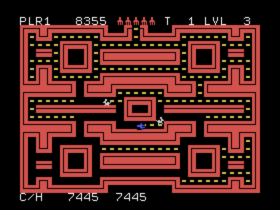 Rotor Raiders TI-99/4A Screenshot: Your broom flashes blue when you are about to run out of time.