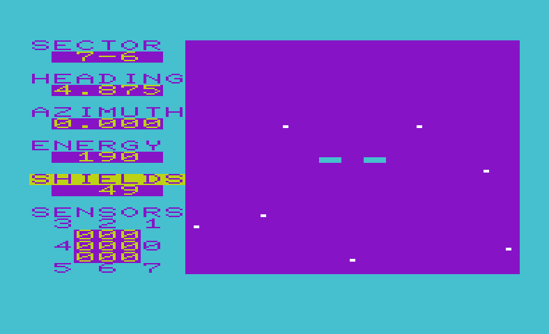 Shootout at the OK Galaxy Commodore VIC-20 Screenshot: Hyperspace; the screen flashes purple when travelling to a new location.