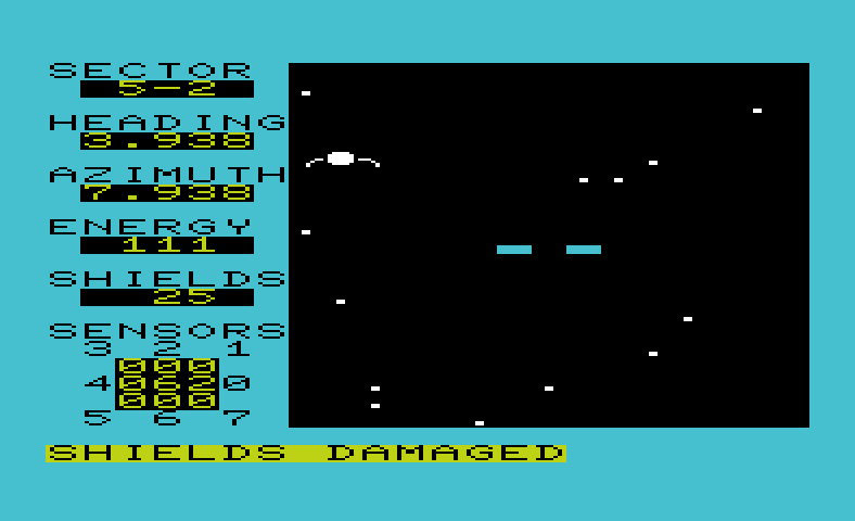 Shootout at the OK Galaxy Commodore VIC-20 Screenshot: Uh oh, my shields are damaged...