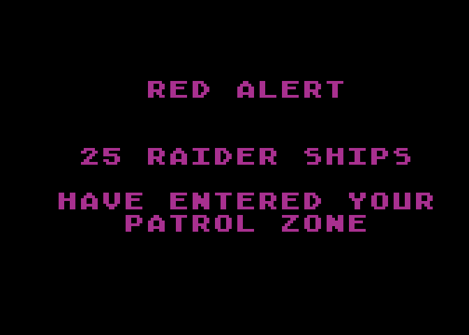 Shootout at the OK Galaxy Atari 8-bit Screenshot: Red Alert! The game begins...