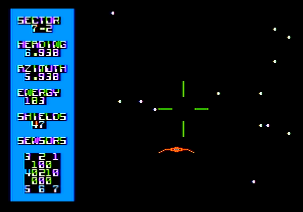 Shootout at the OK Galaxy Apple II Screenshot: Enemy fighter spotted!