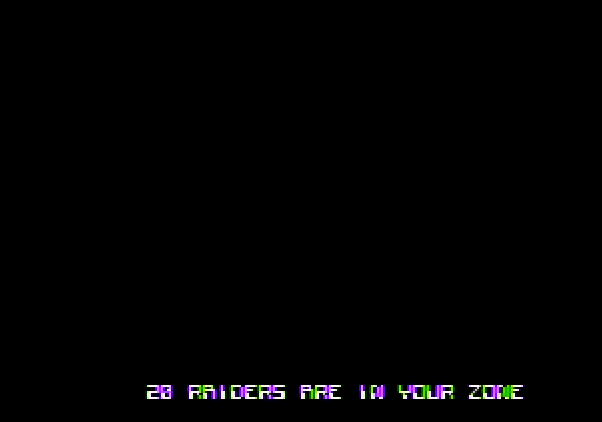 Shootout at the OK Galaxy Apple II Screenshot: Game start; there are 20 raiders in my zone...