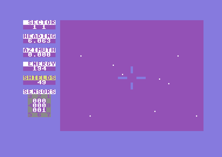 Shootout at the OK Galaxy Commodore 64 Screenshot: The screen flashes purple when you enter hyperspace.
