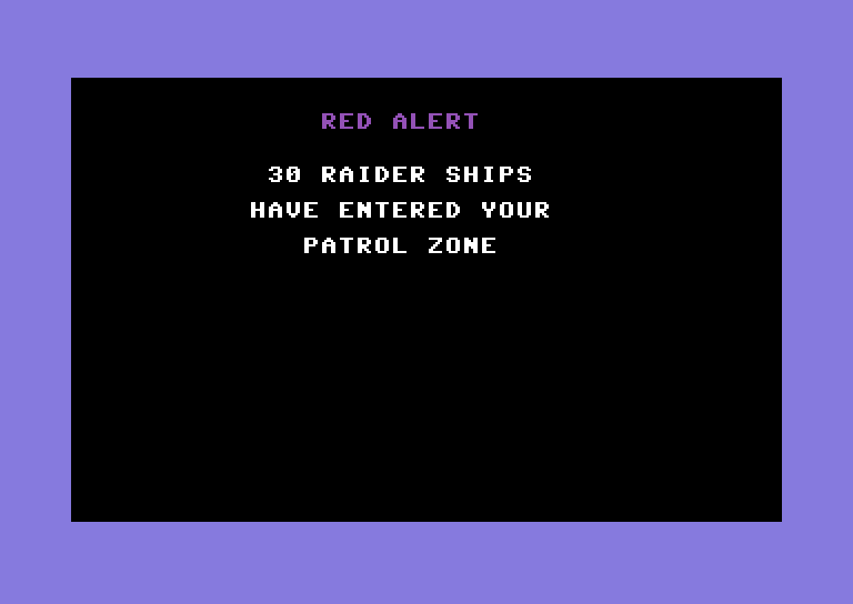 Shootout at the OK Galaxy Commodore 64 Screenshot: Red Alert! Enemy raider ships have entered my patrol zone...