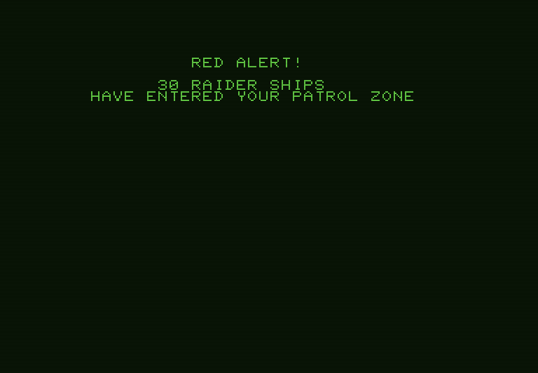Shootout at the OK Galaxy Commodore PET Screenshot: Red alert! Raider ships have entered your patrol zone!