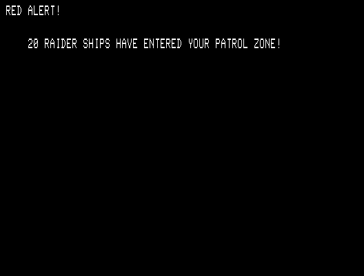 Shootout at the OK Galaxy TRS-80 Screenshot: Red alert! Raider ships have entered your patrol zone.