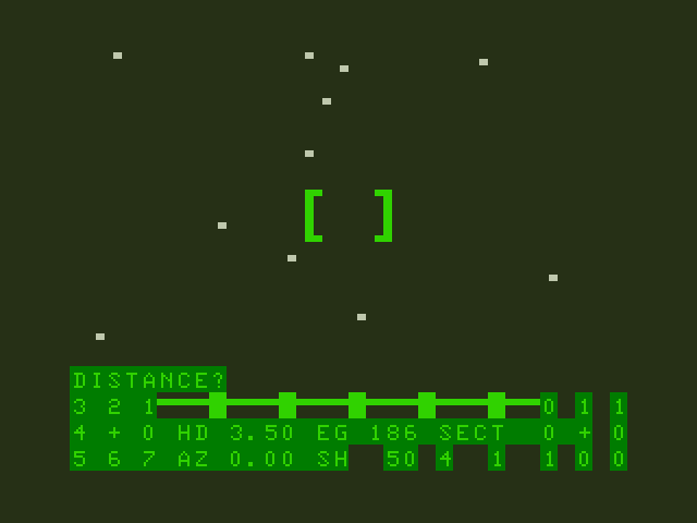 Shootout at the OK Galaxy TRS-80 Color Computer Screenshot: Select a distance you would like to travel in hyperspace...