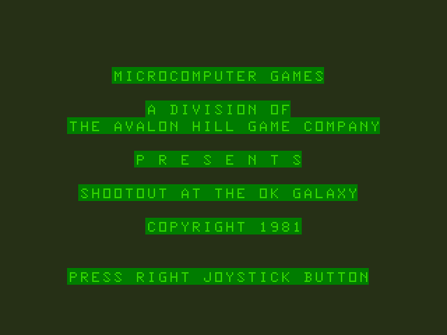 Shootout at the OK Galaxy TRS-80 Color Computer Screenshot: Title screen.