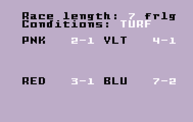Horse Racing Intellivision Screenshot: Here's the race conditions...