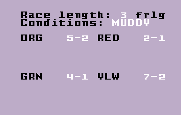 Horse Racing Intellivision Screenshot: The conditions can vary; here, they are muddy...
