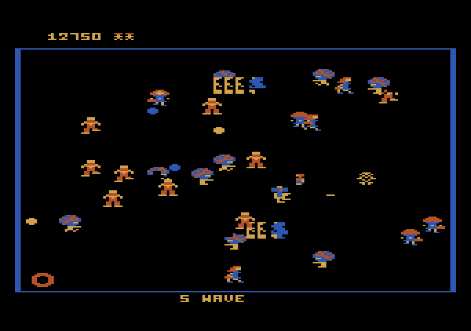 Robotron: 2084 Atari 5200 Screenshot: Those brain robotrons mutate any humans the touch.