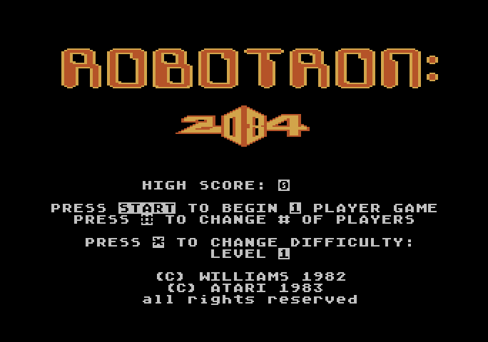 Robotron: 2084 Atari 5200 Screenshot: Title screen and game options.