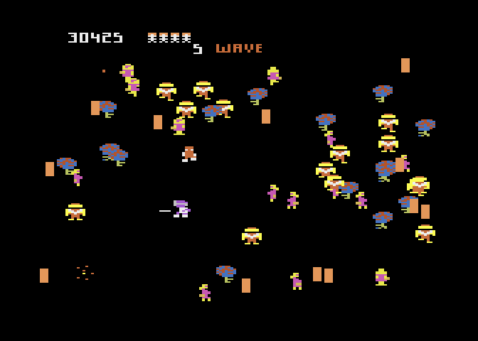Robotron: 2084 Atari 7800 Screenshot: There are more and more robotrons to fight as the game progresses.