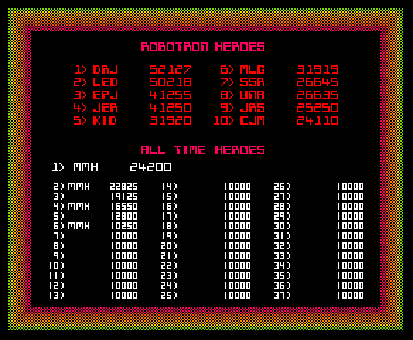 Robotron: 2084 Arcade Screenshot: The high score table.