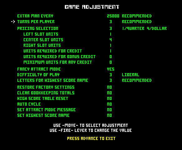 Robotron: 2084 Arcade Screenshot: The game provided operators several configuration options.