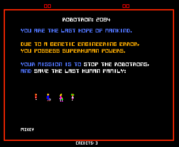 Robotron: 2084 Arcade Screenshot: Game attract mode...meet the characters.