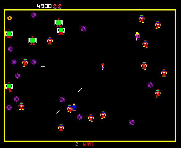 Robotron: 2084 Arcade Screenshot: The number of opponents rapidly increases...