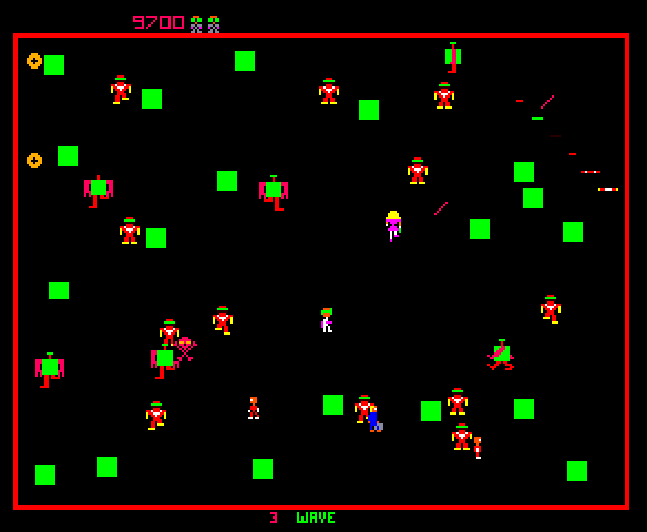 Robotron: 2084 Arcade Screenshot: Blasting robotrons...