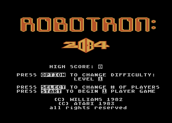 Robotron: 2084 Atari 8-bit Screenshot: Title screen and game options.