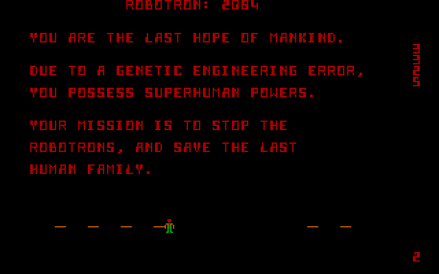 Robotron: 2084 IBM PC/Compatibles Screenshot: Part of the game story.
