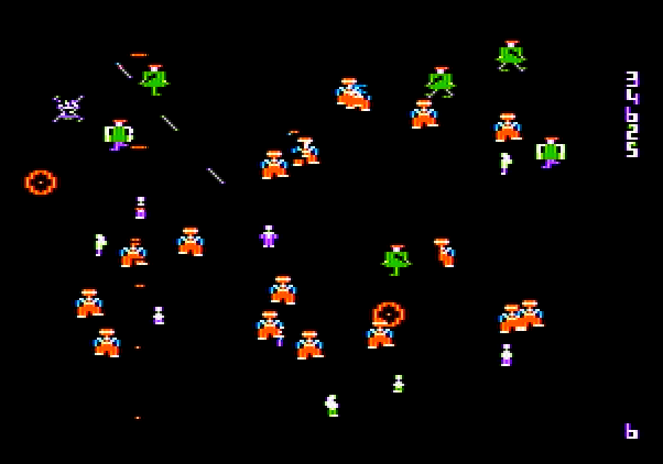 Robotron: 2084 Apple II Screenshot: The levels become more difficult as the game progresses.
