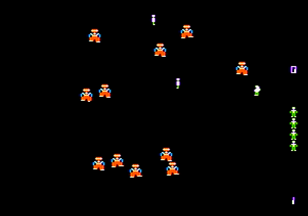 Robotron: 2084 Apple II Screenshot: Game start; this level is pretty easy.
