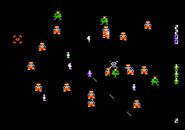 Robotron: 2084 Apple II Screenshot: Robotrons attacking!