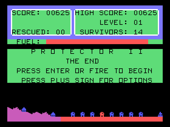 Protector II TI-99/4A Screenshot: Game over.