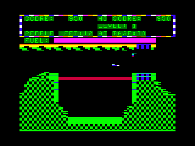 Protector II TRS-80 Color Computer Screenshot: Flying through a narrow passageway...