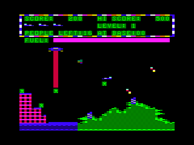Protector II TRS-80 Color Computer Screenshot: A humanoid is being captured!