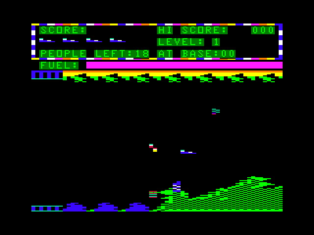 Protector II TRS-80 Color Computer Screenshot: Flying towards the right...