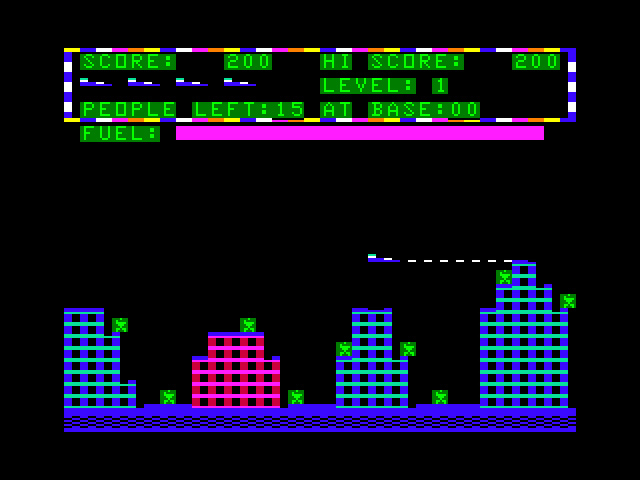 Protector II TRS-80 Color Computer Screenshot: Flying through the city; careful, don't shoot friendly people!
