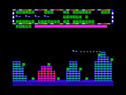 Protector II for TRS-80 Color Computer - Flying through the city; careful, don't shoot friendly people!