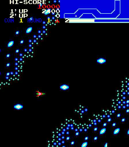 Vanguard Arcade Screenshot: Avoid these balloons in the diagonal rainbow stages.