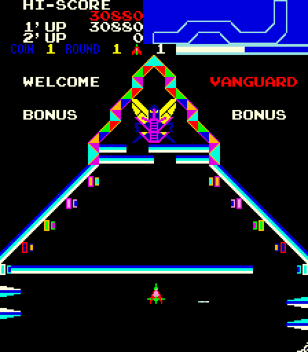 Vanguard Arcade Screenshot: The final stage...shoot quick, or the barriers block you...