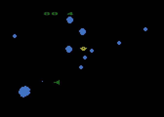 Asteroids Atari 8-bit Screenshot: Watch out for that flying saucer!
