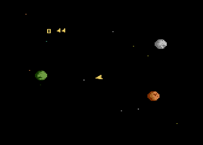 Asteroids Atari 7800 Screenshot: Starting an easy game; initially there are only three asteroids.