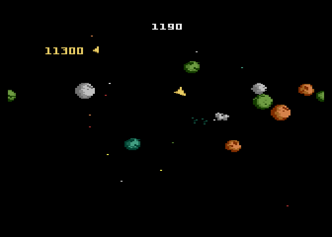 Asteroids Atari 7800 Screenshot: Flying into an asteroid field...