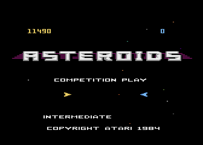 Asteroids Atari 7800 Screenshot: The Atari 7800 version includes several two player modes.