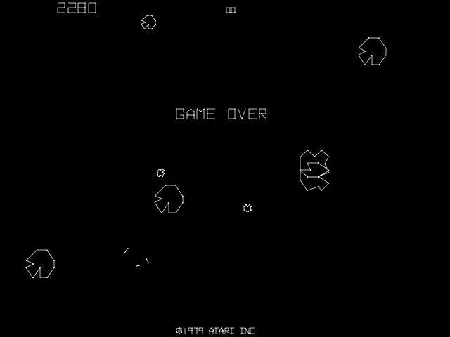 Asteroids Arcade Screenshot: Game over.